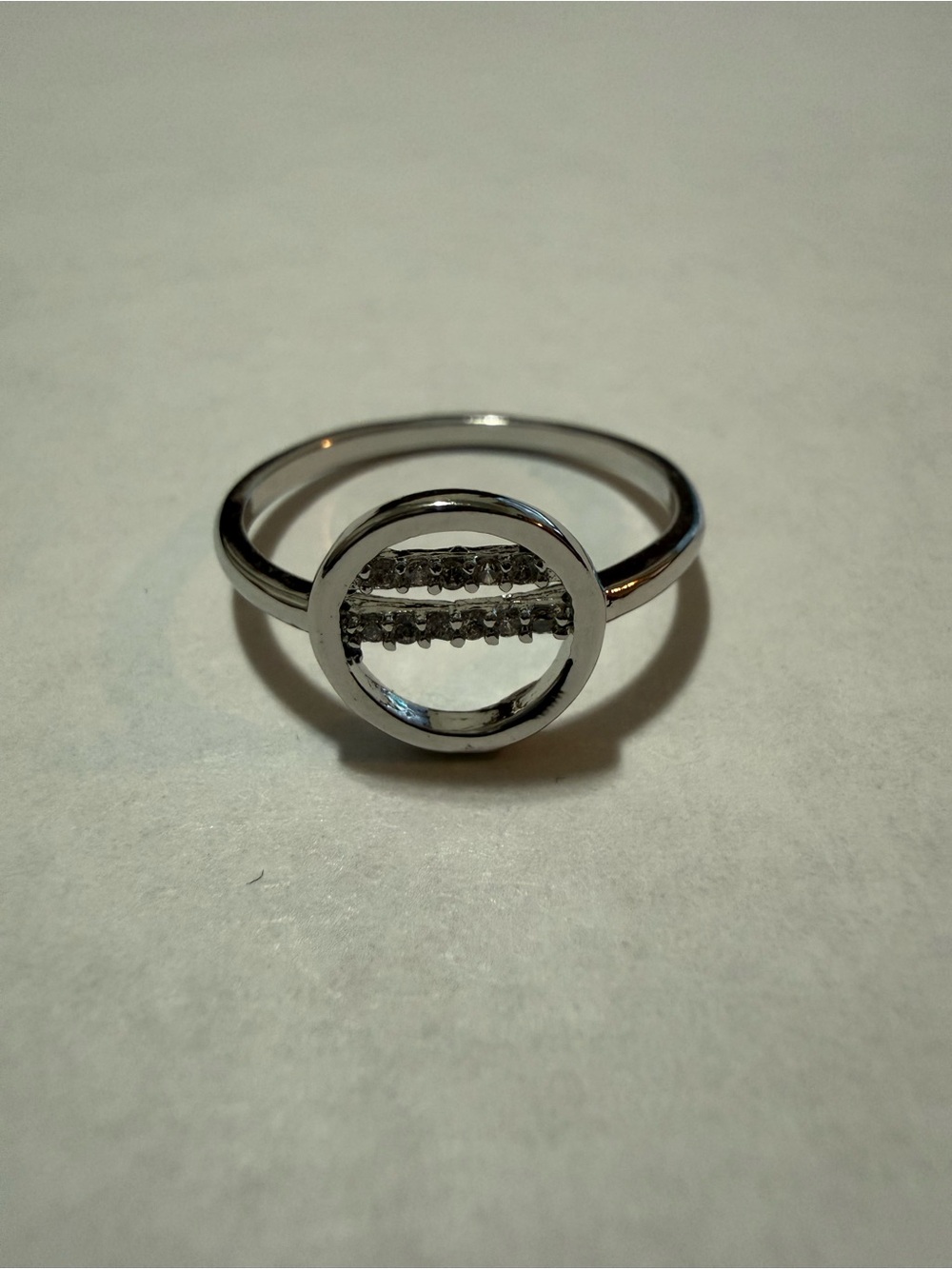 Rhodium Electroplated Geometric Open Circle with Pave Cz Stones Stackable Ring